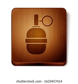 Brown Hand grenade icon isolated on white background. Bomb explosion. Wooden square button. Vector Illustration