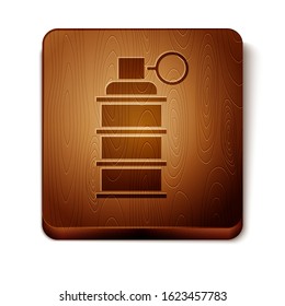 Brown Hand grenade icon isolated on white background. Bomb explosion. Wooden square button. Vector Illustration