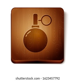Brown Hand grenade icon isolated on white background. Bomb explosion. Wooden square button. Vector Illustration
