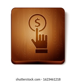 Brown Hand holding coin icon isolated on white background. Dollar or USD symbol. Cash Banking currency sign. Wooden square button. Vector Illustration