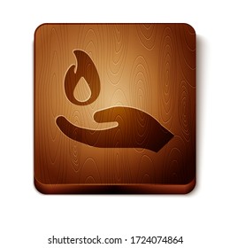 Brown Hand holding a fire icon isolated on white background. Wooden square button. Vector Illustration