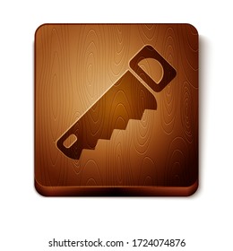 Brown Hand saw icon isolated on white background. Wooden square button. Vector Illustration