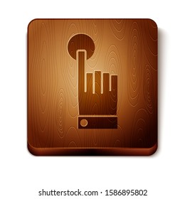 Brown Hand touch and tap gesture icon isolated on white background. Click here, finger, touch, pointer, cursor, mouse symbol. Wooden square button. Vector Illustration