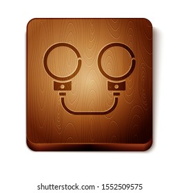 Brown Handcuffs icon isolated on white background. Wooden square button. Vector Illustration