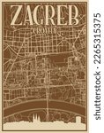 Brown hand-drawn framed poster of the downtown ZAGREB, CROATIA with highlighted vintage city skyline and lettering