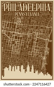 Brown hand-drawn framed poster of the downtown PHILADELPHIA, PENNSYLVANIA with highlighted vintage city skyline and lettering