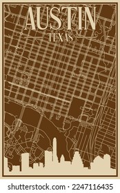 Brown hand-drawn framed poster of the downtown AUSTIN, TEXAS with highlighted vintage city skyline and lettering