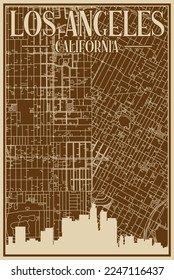 Brown hand-drawn framed poster of the downtown LOS ANGELES, CALIFORNIA with highlighted vintage city skyline and lettering