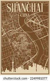 Brown hand-drawn framed poster of the downtown SHANGHAI, CHINA with highlighted vintage city skyline and lettering