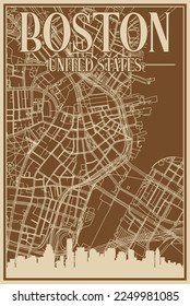 Brown hand-drawn framed poster of the downtown BOSTON, UNITED STATES OF AMERICA with highlighted vintage city skyline and lettering