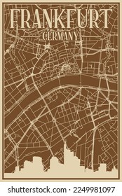 Brown hand-drawn framed poster of the downtown FRANKFURT, GERMANY with highlighted vintage city skyline and lettering