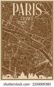 Brown hand-drawn framed poster of the downtown PARIS, FRANCE with highlighted vintage city skyline and lettering
