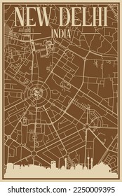 Brown hand-drawn framed poster of the downtown NEW DELHI, INDIA with highlighted vintage city skyline and lettering