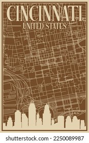 Brown hand-drawn framed poster of the downtown CINCINNATI, UNITED STATES OF AMERICA with highlighted vintage city skyline and lettering