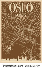 Brown hand-drawn framed poster of the downtown OSLO, NORWAY with highlighted vintage city skyline and lettering