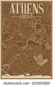 Brown hand-drawn framed poster of the downtown ATHENS, GREECE with highlighted vintage city skyline and lettering