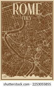 Brown hand-drawn framed poster of the downtown ROME, ITALY with highlighted vintage city skyline and lettering