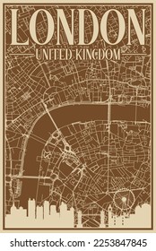 Brown hand-drawn framed poster of the downtown LONDON, UNITED KINGDOM with highlighted vintage city skyline and lettering