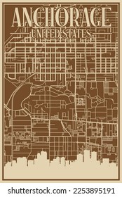 Brown hand-drawn framed poster of the downtown ANCHORAGE, UNITED STATES OF AMERICA with highlighted vintage city skyline and lettering