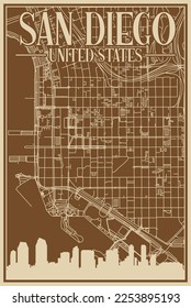 Brown hand-drawn framed poster of the downtown SAN DIEGO, UNITED STATES OF AMERICA with highlighted vintage city skyline and lettering