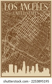 Brown hand-drawn framed poster of the downtown LOS ANGELES, UNITED STATES OF AMERICA with highlighted vintage city skyline and lettering