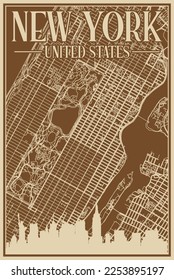 Brown hand-drawn framed poster of the downtown NEW YORK, UNITED STATES OF AMERICA with highlighted vintage city skyline and lettering