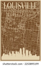 Brown hand-drawn framed poster of the downtown LOUISVILLE, UNITED STATES OF AMERICA with highlighted vintage city skyline and lettering