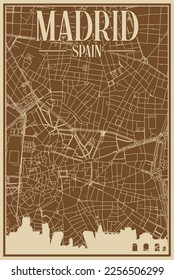 Brown hand-drawn framed poster of the downtown MADRID, SPAIN with highlighted vintage city skyline and lettering