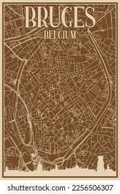 Afiche enmarcado con mano de BRUGES, BÉLGICA, con realzado perfil de ciudad vintage y letras