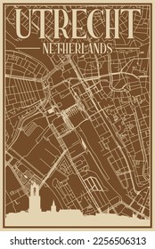 Brown hand-drawn framed poster of the downtown UTRECHT, NETHERLANDS with highlighted vintage city skyline and lettering
