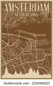 Brown hand-drawn framed poster of the downtown AMSTERDAM, NETHERLANDS with highlighted vintage city skyline and lettering