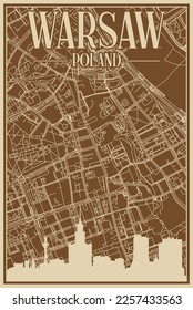 Brown hand-drawn framed poster of the downtown WARSAW, POLAND with highlighted vintage city skyline and lettering