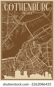 Brown hand-drawn framed poster of the downtown GOTHENBURG, SWEDEN with highlighted vintage city skyline and lettering