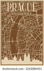 Bräunliches, handgezeichnetes Plakat der Innenstadt PRAGUE, TSCHECHISCHE REPUBLIK mit hervorgehobener Vintage-Skyline und Schrift