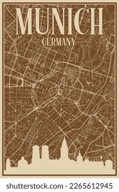 Afiche enmarcado dibujado a mano en el centro de MUNICH, ALEMANIA, con realzado perfil de ciudad vintage y letras