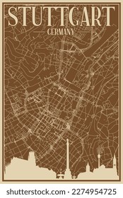 Afiche enmarcado con dibujos a mano de estilo marrón del centro de STUTTGART, ALEMANIA, con realzado paisaje de ciudad vintage y letras