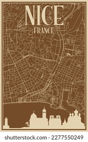 Brown hand-drawn framed poster of the downtown NICE, FRANCE with highlighted vintage city skyline and lettering