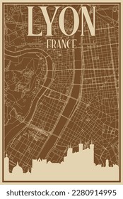 Brown hand-drawn framed poster of the downtown LYON, FRANCE with highlighted vintage city skyline and lettering