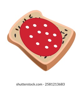 Brown hand-drawn vector illustration of rectangular piece of bread with seeds and sausage isolated on a white background