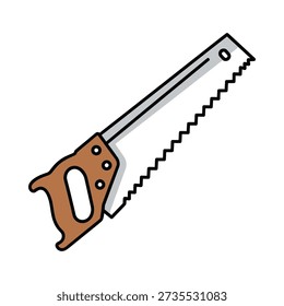 Brown handled serrated handsaw with metal blade on white background for carpentry and diy projects