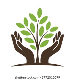 Brown hands holding a small green tree with leaves growing from ground