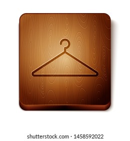 Brown Hanger wardrobe icon isolated on white background. Cloakroom icon. Clothes service symbol. Laundry hanger sign. Wooden square button. Vector Illustration