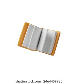 Brown hardcover opened book with white sheets fluttering 3D style vector render illustration. Volume open notepad in the air. School textbook or library literature isolated. Exam education