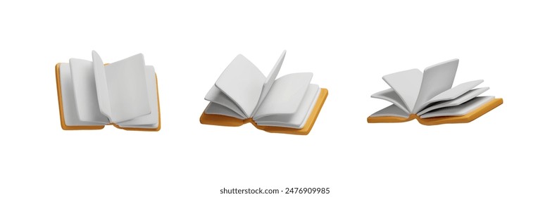 Los libros de tapa dura marrón abierto con las hojas blancas que revolotean conjunto de renderizado de Vector de estilo 3D. Volumen abrir bloc de notas en el aire. Libro de texto escolar o literatura de Biblioteca vista aislada desde diferentes ángulos