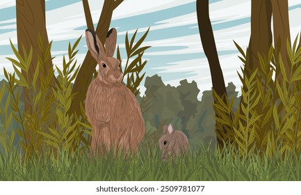Liebre marrón y su cachorro sentados en la hierba verde alta en un claro en el bosque. Animales de Europa. Paisaje de Vector realista