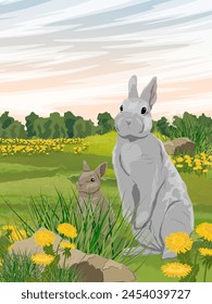 A brown hare and little rabbit walks through a summer flowering field with dandelions. Animals of Europe. Realistic vector vertical landscape