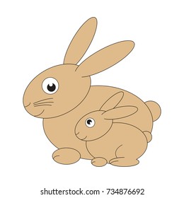 Brown Hare Mom and baby cartoon. Outlined illustration with thin line black stroke