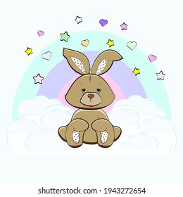 A brown hare on a cloud under a rainbow