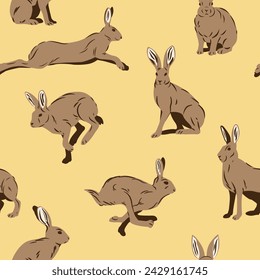 Brown hares on a yellow background. Seamless vector pattern with forest vibes.