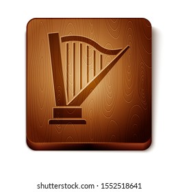 Brown Harp icon isolated on white background. Classical music instrument, orhestra string acoustic element. Wooden square button. Vector Illustration